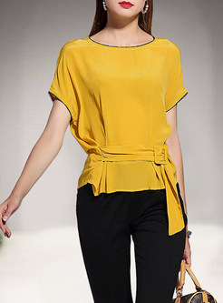 Yellow Fashion Raglan Sleeve Tied Top