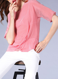 Red Striped Three-quarter Sleeve Stitching Blouse