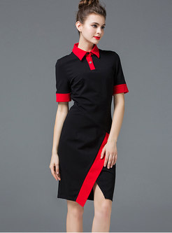 Chic Short Sleeve Contrast-color Slit Dress 
