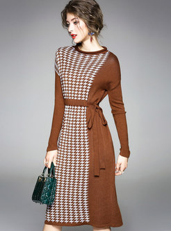 O-neck Long Sleeve Belted Knitted A Dress 