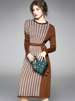 O-neck Long Sleeve Belted Knitted A Dress 