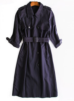Three Quarters Sleeve Striped Trench Coat