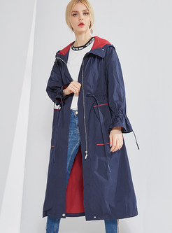 Long Hooded Color-Blocked Zippered Trendy Coat