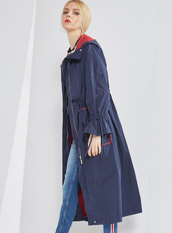 Long Hooded Color-Blocked Zippered Trendy Coat