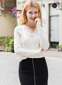 White V-neck Beaded Hollow Out Sweater