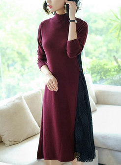 High Neck Contrast-color Lace Knitted Dress