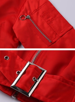 Chic Red Zippered Pocket Short Coat