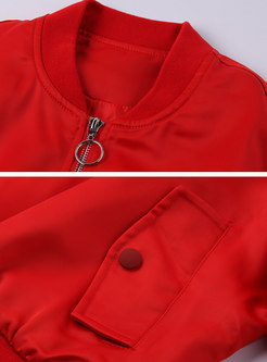 Chic Red Zippered Pocket Short Coat