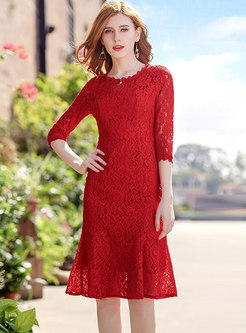Red Sweet Lace-Paneled Mermaid Dress