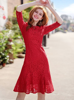 Red Sweet Lace-Paneled Mermaid Dress