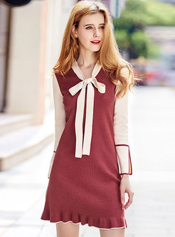 Contrast-color Sweet Knitted Dress