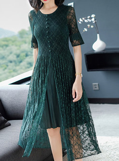 Elegant Mesh Half Sleeve Single-Breasted Slit Dress