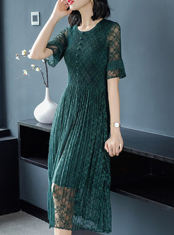 Elegant Mesh Half Sleeve Single-Breasted Slit Dress