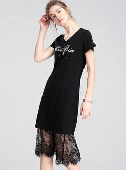 Street Black Print V-neck T-shirt Dress Without Lace Skirt 