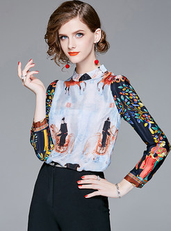 Floral Print Splicing Silk Stand Collar Blouse