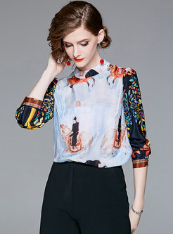 Floral Print Splicing Silk Stand Collar Blouse