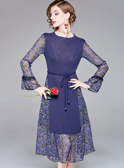 Elegant Splicing Long Sleeve A Line Knitted Dress
