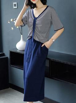 Elegant V-neck Knitted Top & Slim Skirt