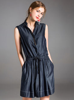 Brief Sleeveless Stand Collar Belted Mini Dress