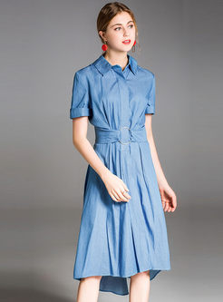 Light Blue Lapel Belted Asymmetric Denim Dress