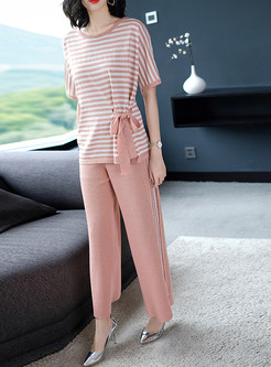 Street Striped Tied Knitted Top & Wide Leg Pants