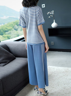 Street Striped Tied Knitted Top & Wide Leg Pants