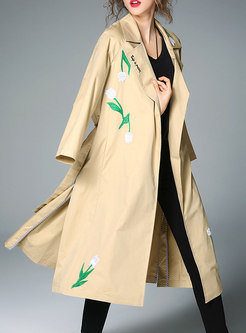 Khaki Embroidered Tie-waist Long Trench Coat