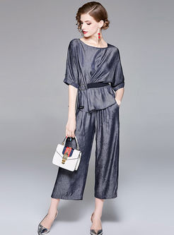Casual Short Sleeve Belted Top & Wide Leg Pants