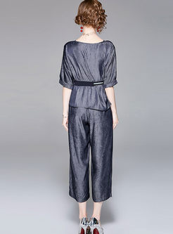 Casual Short Sleeve Belted Top & Wide Leg Pants