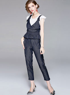 White Knitted O-neck Top With Tied Waist Vest & Slim Pants