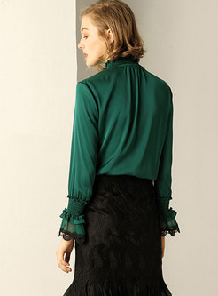 Green Silk Stand Collar Stringy Selvedge Blouse