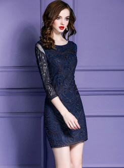 Pure Color Mesh Embroidered Sheath Dress