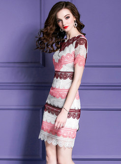 Stylish Lace Splicing Striped Waist Sheath Dress