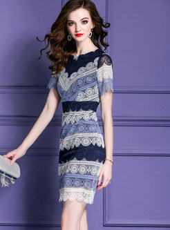 Stylish Lace Splicing Striped Waist Sheath Dress