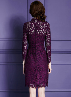 Purple Turtle Collar Lace Sheath Dress
