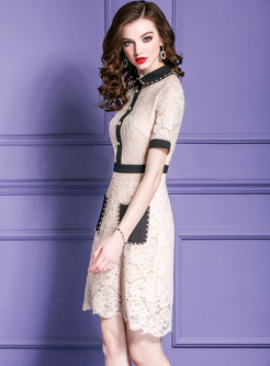 Chic Lapel Beaded Color-blocked Lace Dress
