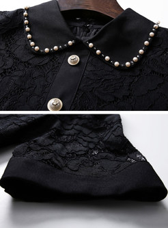 Black Turn Down Collar Beaded Lace Dress