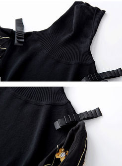 Black Lantern Sleeve Embroidered Slim Sweater