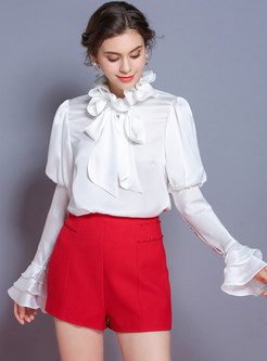 Solid Color Lantern Sleeve Tied Blouse