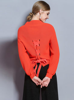 Red Bat Wing Sleeve Loose Tied Knitted Sweater