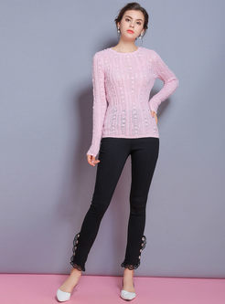 Pink Hollow Out O-neck Pullover Knitted Sweater