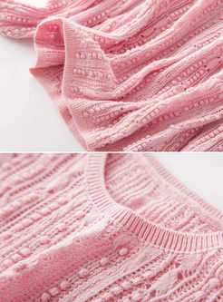 Pink Hollow Out O-neck Pullover Knitted Sweater