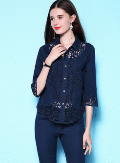 Three Quarters Sleeve Hollow Out Blouse