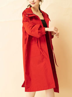 Red Hooded Tied Trench Coat
