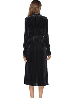 Trendy Stand Collar Long Sleeve Striped Dress