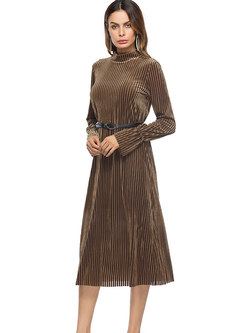 Trendy Stand Collar Long Sleeve Striped Dress
