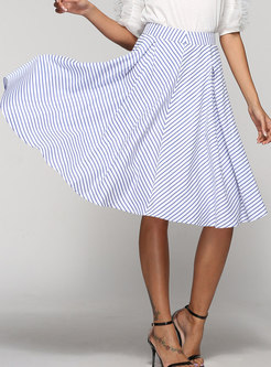 Blue Pinstriped Big Hem Midi Skirt