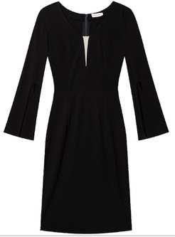 Black V-neck Flare Sleeve Sheath Dress