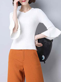 Pure Color Ruffled Sleeve Slim Knitted T-shirt
