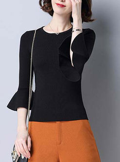 Pure Color Ruffled Sleeve Slim Knitted T-shirt